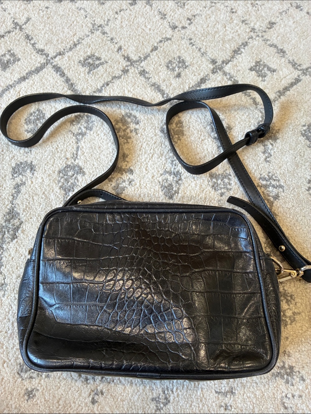 Quince Italian Leather Black Croc-Embossed Crossbody Bag